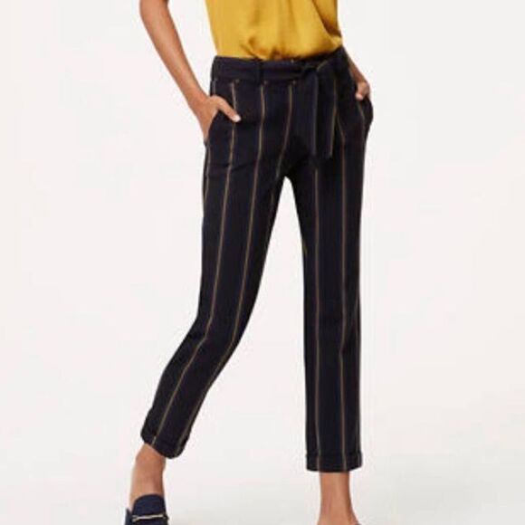 Loft Slim Striped Cuffed Tie Waist Ankle Crop Pants Julie Sz 4 - Picture 1 of 10